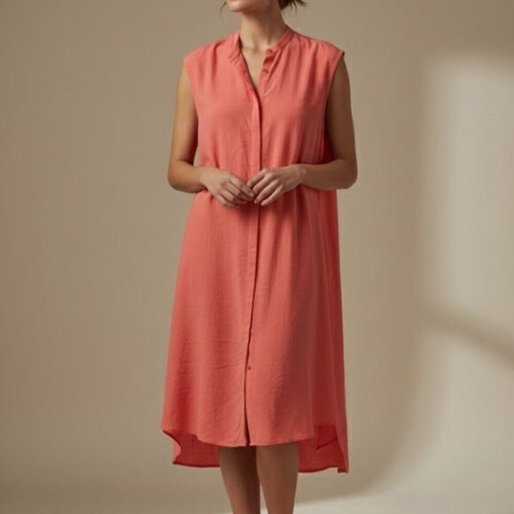 Eileen Fisher Dresses & Skirts - EILEEN FISHER Silk Georgette Sleeveless Mandarin Collar Shift Dress Coral Size S